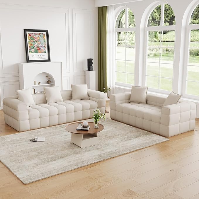 2 Piece Cloud Sofas Set Comfy Tufted Deep Seat 2 Seater Loveseat &amp 3 Seater Couch Sets Modern Chenille Compression Bubble Sofa for Living Room No Assembly Required Beige White