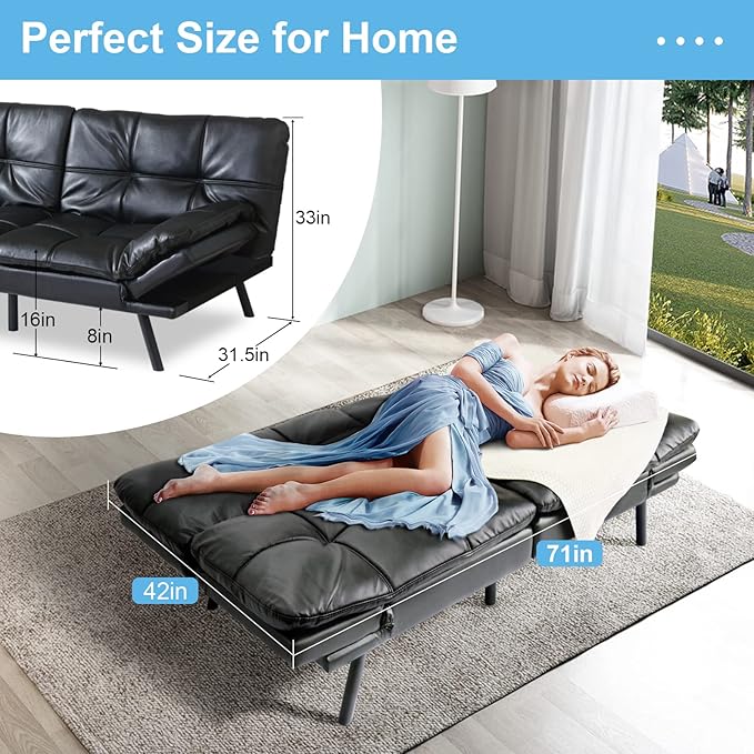 Black Faux Leather Futon Convertible Couch Bed Folding Memory Foam Sleeper Loveseat Adjustable Lounge Futon Sets Sofabed for Living RoomApartmentDormOffice