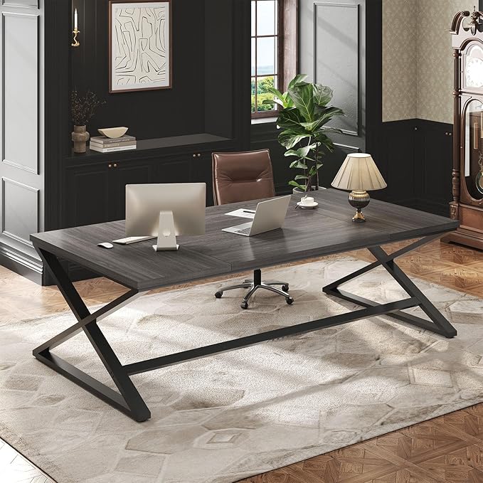 IBF 70 Inch Large Desk Long Computer Desk for Writing Study Industrial Home Office Work Executive Desk for Bedroom Wood Metal Pc Gaming Workstation Computer Table for 2 Monitors Dark Gray Oak