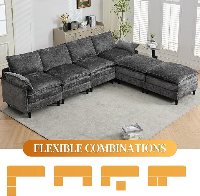 121 U Shaped Modular Sectional Sofa with Movable Ottomans Comfy Fluffy Cloud Chenille Grey Sectional Couches for Living Room Cloud Couch Sectional Sofa with Memory Foam &amp Double Cushion