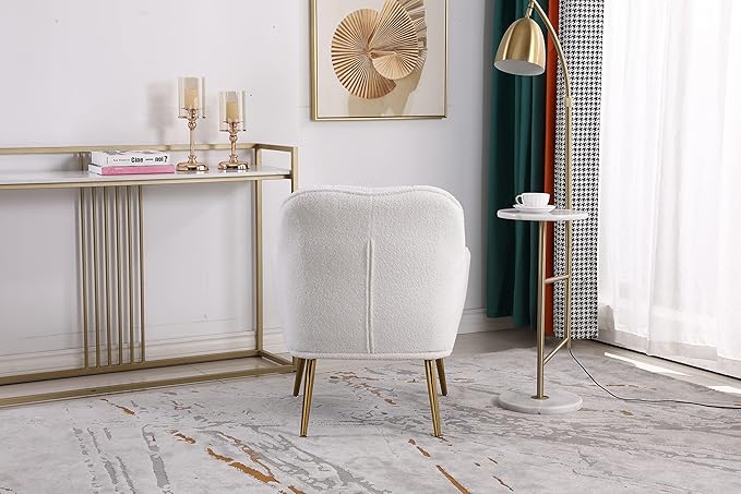 Modern Soft White Teddy Fabric Ivory Ergonomics Accent Chair Living Room Chair Bedroom Chair Home Chair with Gold Legs and Adjustable Legs for Indoor Home
