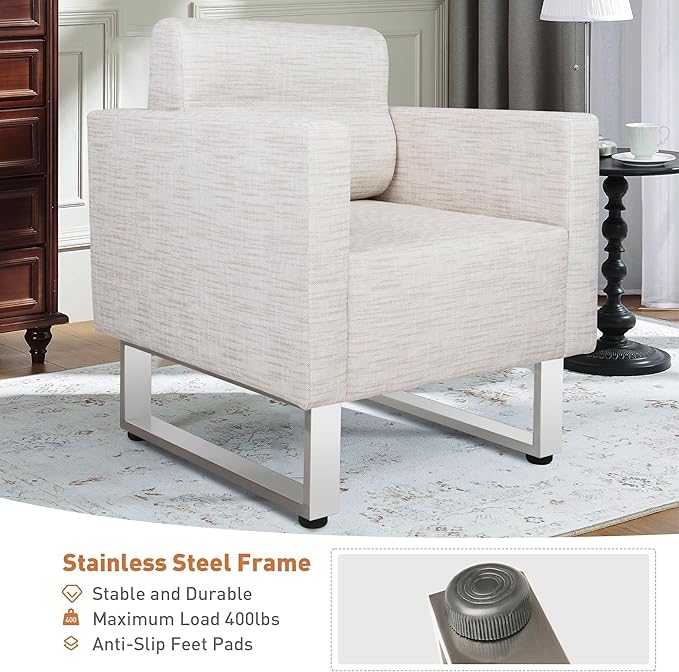 Modern Leather Accent Chair for Living Room Oversized Single Sofa Chair with Stainless Steel Frame Comfy Side Chair with Wide Backrest and Armrests for Bedroom Office Waiting Room White
