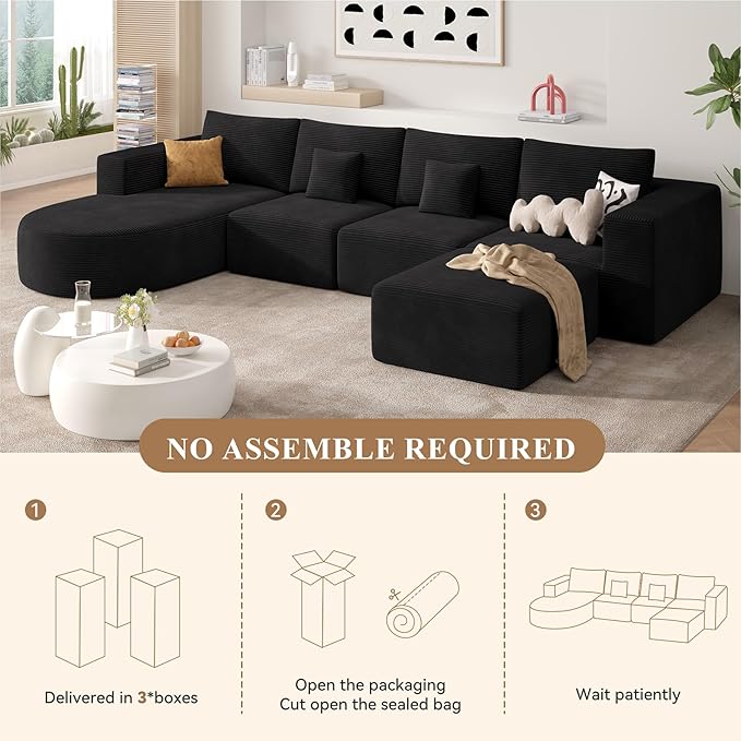 134 Boneless Couches for Living RoomLarge U-Shaped Modular Sectional Sofa with Convertible OttomanModern Cozy Cloud Couch in a BoxSponge Compression Deep Seat Sofas with ChaiseBlack1pcs
