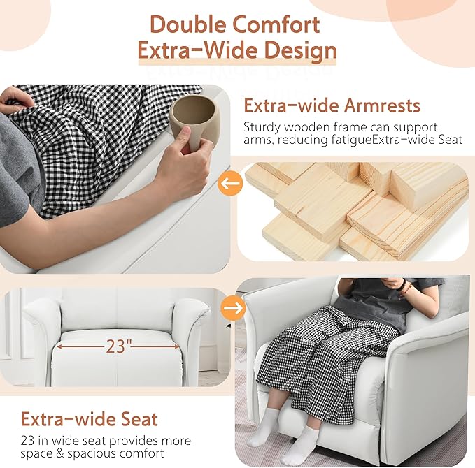 Manual Rocker Recliner Chair with Glider Motion for Nursery 150° Recline &amp Wide Armrests - Overstuffed Leather Nursery Chair for Small Spaces Living Room Bedroom