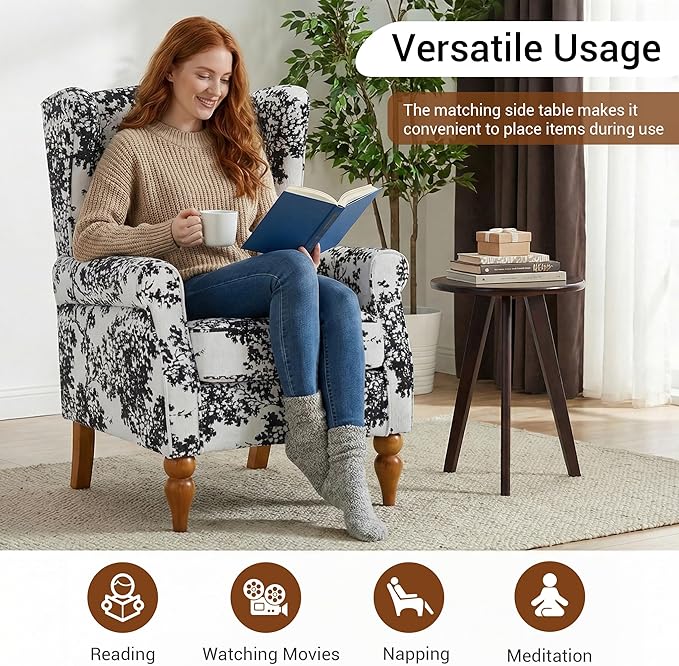 High Back Wingback Accent Chair Modern Upholstered Armchair Comfy Reading Chair with Solid Wood Legs for Living Room Bedroom Library Floral