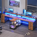 SEDETA 94.5 2 Person Gaming Desk Long Office Computer Desk with 8 Drawers &amp LED Lights Two Person Desk with Storage Power Strip &amp Monitor Stand for Home Office Rustic Brown