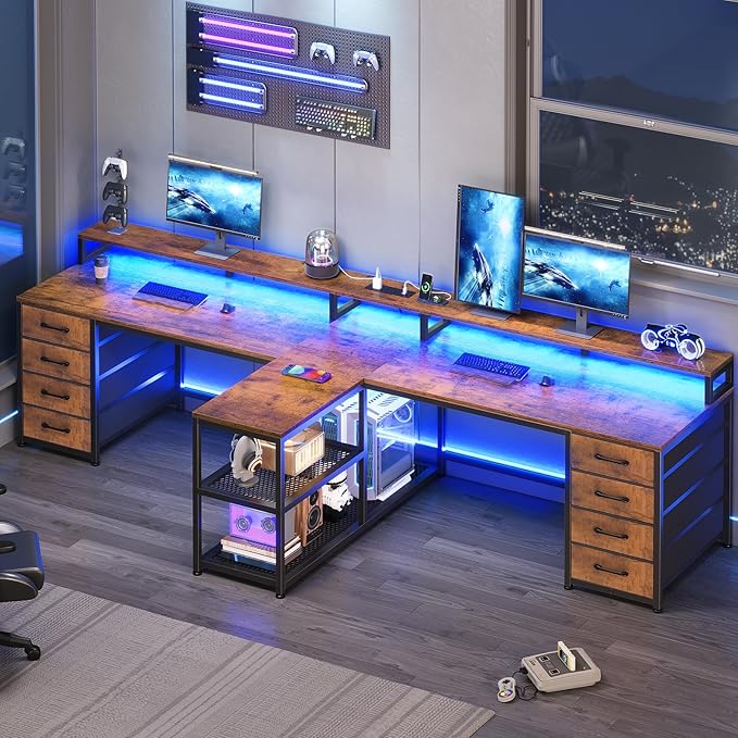 SEDETA 94.5 2 Person Gaming Desk Long Office Computer Desk with 8 Drawers &amp LED Lights Two Person Desk with Storage Power Strip &amp Monitor Stand for Home Office Rustic Brown