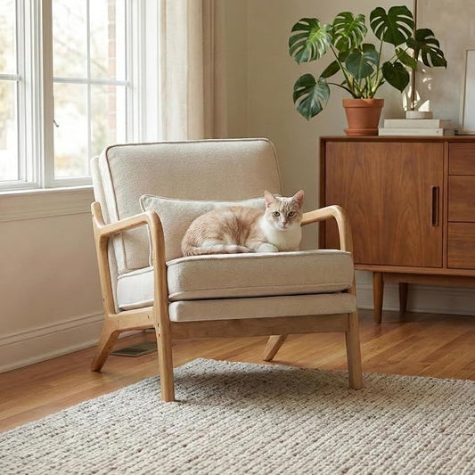 Modern Accent Chair Mid Century Wooden Upholstered Armchair with Lumbar Pillow &amp Removable Soft Cushion Reading Chair for Living Room Bedroom BalconyCoffee(Beige/Blue/Green/Grey)