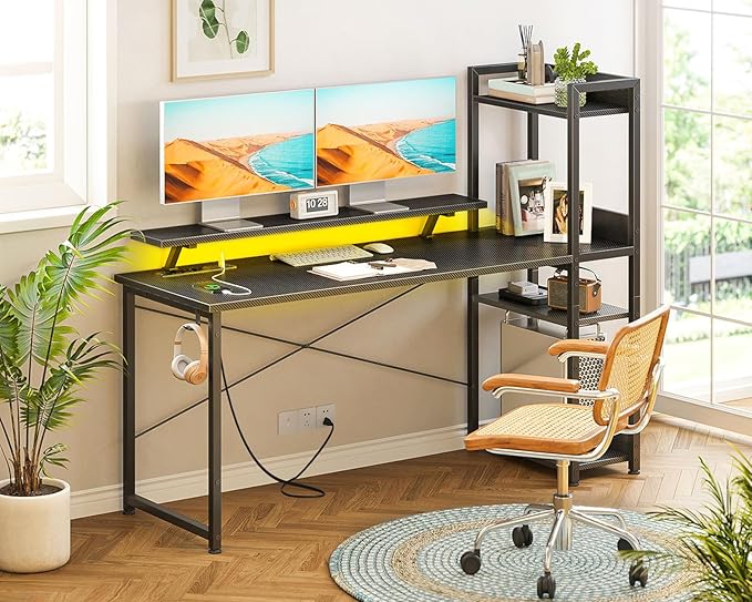 ODK Reversible 55 Inch Gaming Desk with USB Charging Port and LED Lights Computer Desk with Storage Shelves and Monitor Stand Study Table for Home Office Morden Desk for Bedroom Carbon Fiber Black