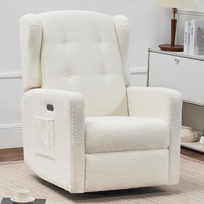 Power Swivel Rocking Recliner Chair High Back Electric Rocker Nursery Glider Chair USB and Type-C Ports Upholstered Teddy Fabric Reclining Single Sofa Chair for Living Room (Teddy Beige)