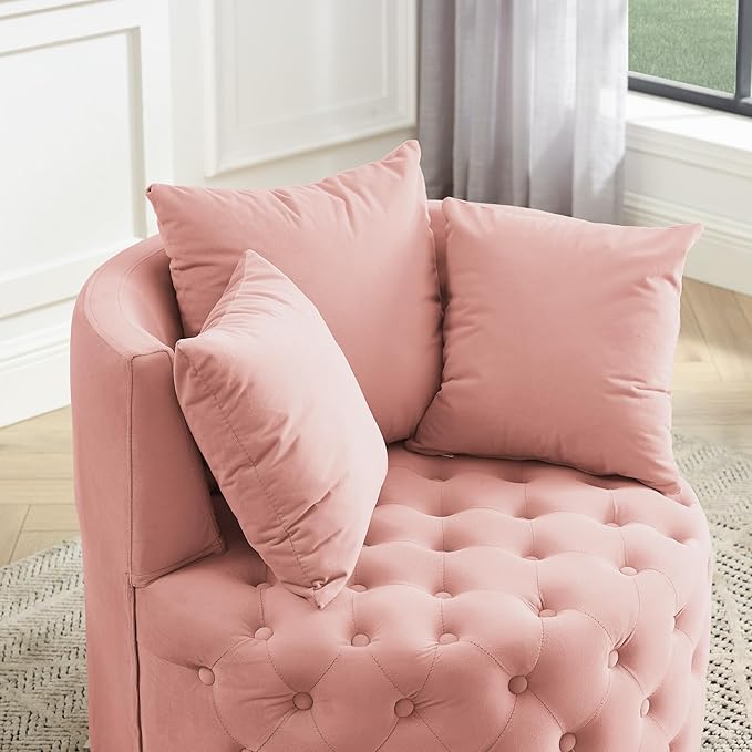 Velvet Upholstered Swivel Chair for Living Room with Button Tufted Design and Movable Wheels Including 3 Pillows Pink