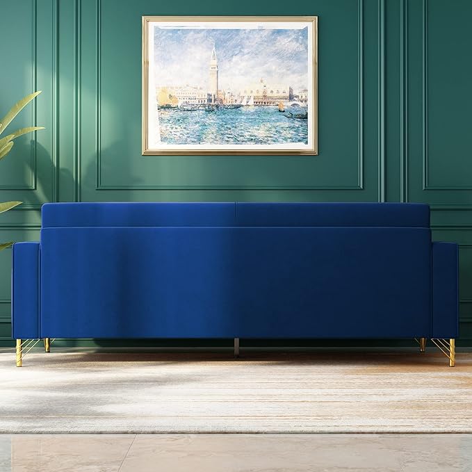 85 Velvet SofaMid-Century Modern Chesterfield 3 Seat Comfy Couch with Pillows Set of 2 for Living RoomBedroomApartment Furniture with Gold Metal Legs (P18-Blue)