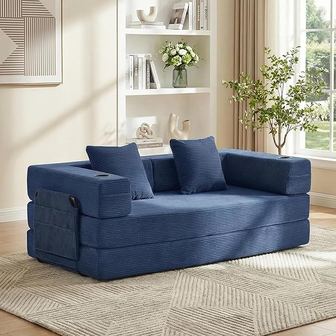WELAX 72.8 Convertible Sleeper Sofa Bed Boneless Cloud Queen Futon Couches with Cupholders &amp Storage Pockets Corduroy Folding Floor Couch for Bedroom Apartment No Assembly Dark Blue