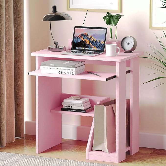 30 Inch Gaming Desk Computer Desk with Keyboard Tray Monitor Stand Storage Shelves CPU Stand Industrial Small Desk for Small Spaces Home Office Desk Pink