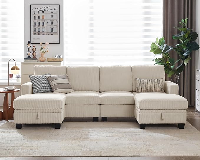 CHIC HOUSE Corduroy Modular Sectional Couch with Ottoman Chaise L/U Shaped Sleeper Sofa for Living Room Apartment Lounge Modern Armrest Neck Support Furniture (6 Seater Sectional Beige)