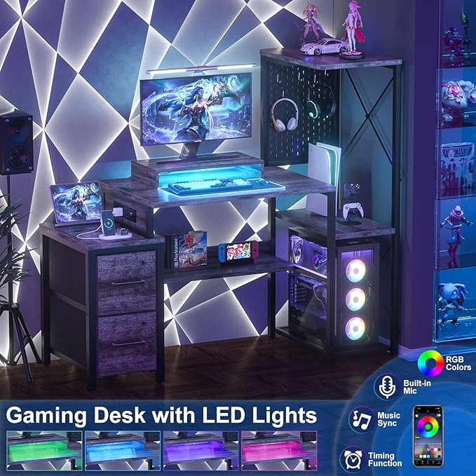 Small Gaming Desk with 2 Fabric Drawers - Reversible Computer Desk with Power Outlet &amp LED Lights 49 Office Desk with Monitor Stand &amp Storage Shelves Writing Study Table with Pegboard Grey