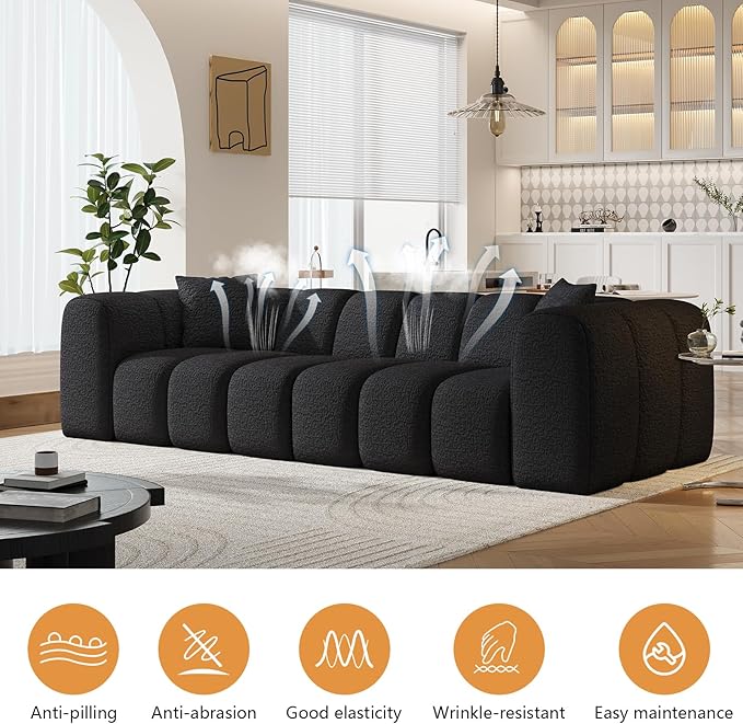 96 Modular Sectional SofaModern Boneless Cloud Couch with Deep SeatUpholstered 4-Seater Sofa Chenille Boucle Couches for Living Room Wide Seat Cozy Loveseat with Armrest (Black 96-INCH)