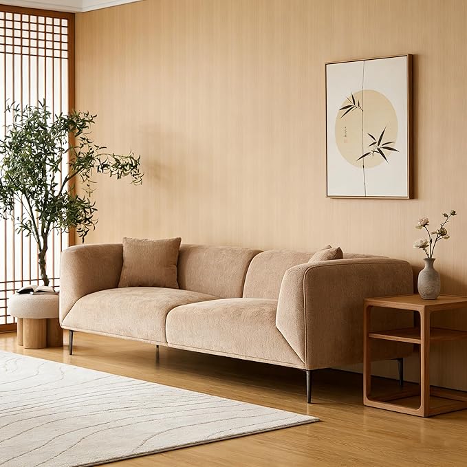 82 Modern Couch Camel Sofa 3 Seater Luxury Boucle Sofas Upholstered Minimalist Sofas with Metal Legs Cloud Deep Seat Curved Couches for Living Room Bedroom Home Office Apartment