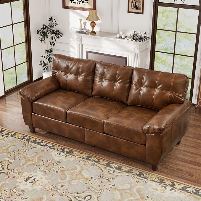 79 W Faux Leather Sofa Couch with Hidden Storage &amp Tufted Backrest Upholstered Mid Century Modern Couch Deep Seat Comfy Chesterfield Sofa for Living Room Bedroom Office(3 Seater Brown)