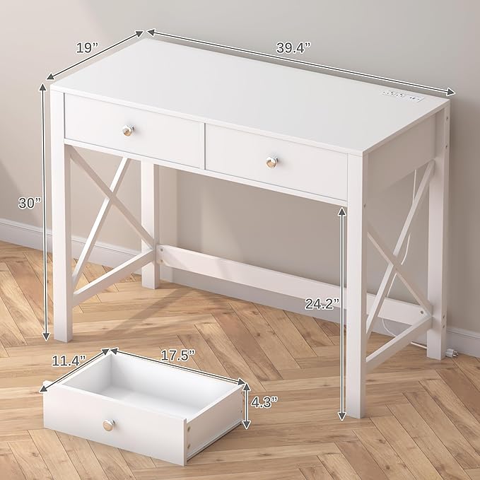 WiberWi Home Office Desk with Drawers White Modern Writing Computer Desk with Power Outlets Small Makeup Vanity Table for Bedroom Study Table for Home Office