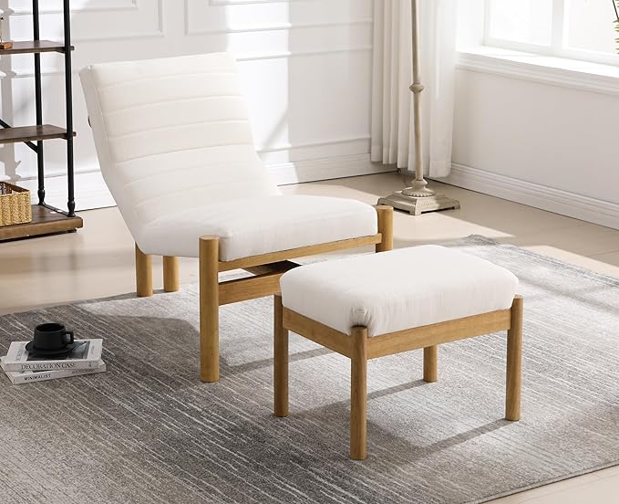 EALSON Modern Accent Chair with Ottoman Beige Fabric Upholstered Seater with High Backs Unique Design Wood Frame Armless for Living Room/Bedroom Reading/Office Use