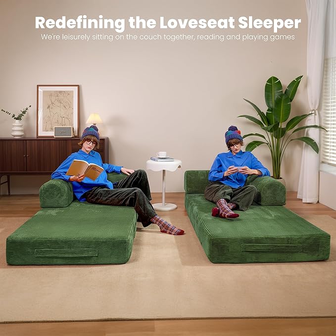 79 Convertible Sofa Bed Boneless Corduroy Sleeper Foldable Modular Couch Memory Foam Compressed Sofa in A Box Folding Mattress Floor Couch for Small Space Living Room Apartment Bedroom Green