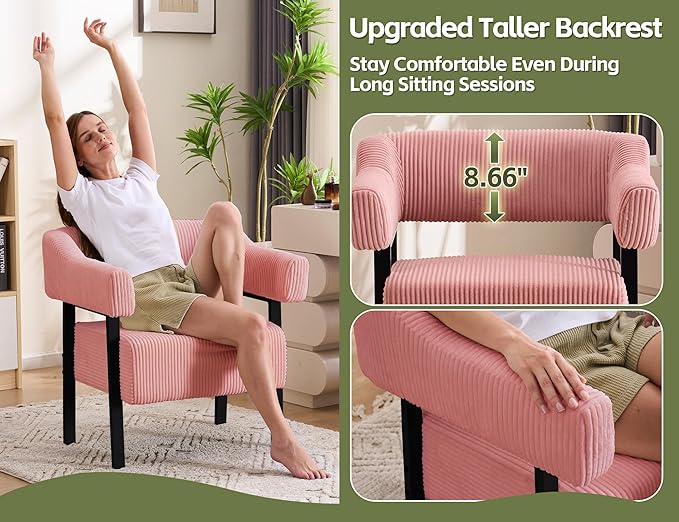 Mistpeople Corduroy Barrel Accent Chair Modern Upholstered Armchair with Metal Legs Cozy Corner Chair for Living Room Bedroom Vanity Office Reading Nook Pink Blackleg
