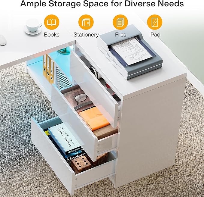 Tribesigns White L-Shaped Computer Desk with 3 Drawers 55-Inch Modern Gloss Corner Home Office Executive Desk with LED Lights and 2 Storage Shelves for Work Study Writing