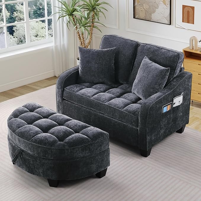 Oversized Chair and A Half Chenille Tufting Accent Cozy Reading Sofa Chair with Storage Ottoman Upholstered Loveseat Chaise Lounge Sofa with Adjustable Back for Living Room Office Sunroom Black