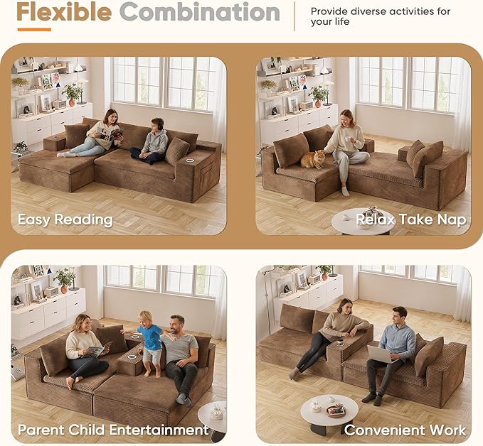 Homall 109 Boneless Couch with Memory Foam Modular Sectional Sofa with L-Shape Chaise Cloud Couch with Deep Seat Dual Cup Holders &amp Side Pockets No Assembly Required (Brown)