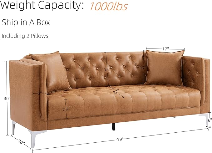 HIFIT 79 W Brown Faux Leather Sofa Couch with 2 Pillows 3 Seater Couches for Living Room Handmade Button Tufted Cushions and Metal Legs Modern Leather Sofa for Apartment Office