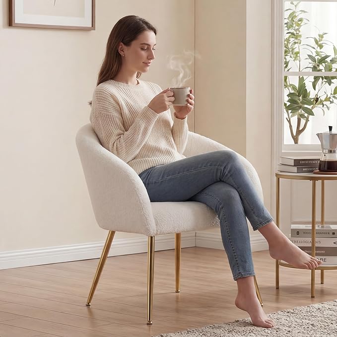 Modern Vanity Chair Living Room Chair with Gold Metal LegsTeddy Fabric Dining Chair Comfy Accent Chair for Makeup Room Waiting Room Dressing Room Bedroom Dining Room Home Office (White 2PCS)