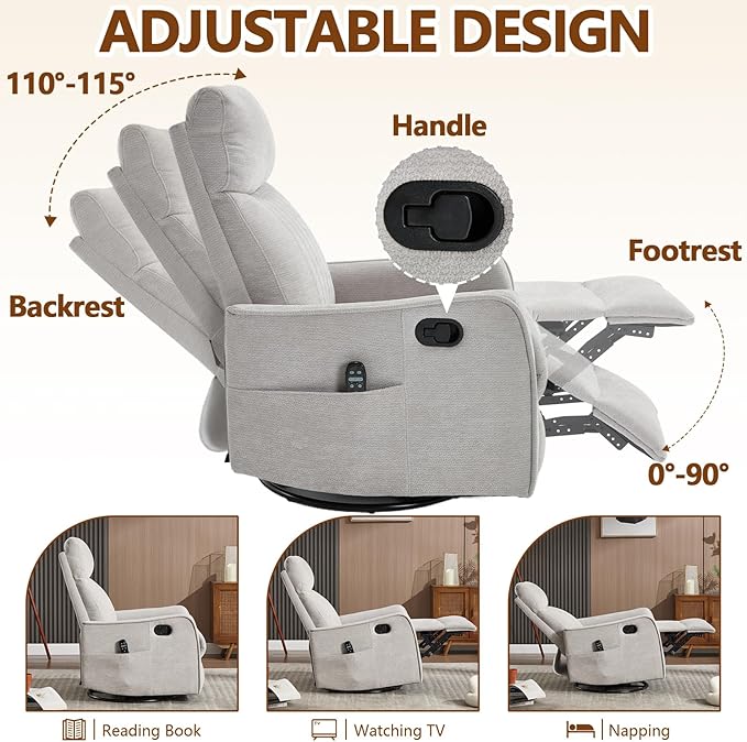 Massage Recliner Chair with Heat Slim Recliners for for Adults Swivel Rocking Chair Recliner with High Back Small Recliner Chair for Small Spaces Living Room Adjustable Footrest (Light Grey)