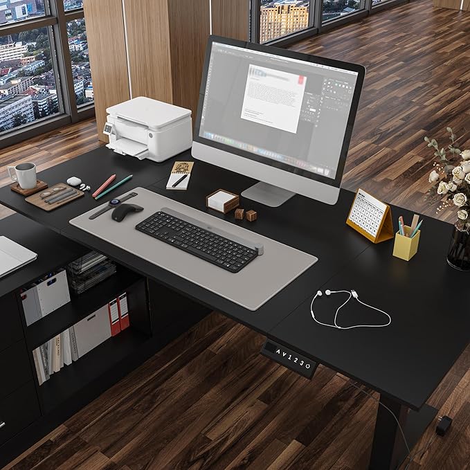 Homsee Home Office L Shaped Electric Standing Desk with Drawers and Shelves Height Adjustable &amp Shape Reversible Stand up Desk 63 Computer Executive Corner Table Black