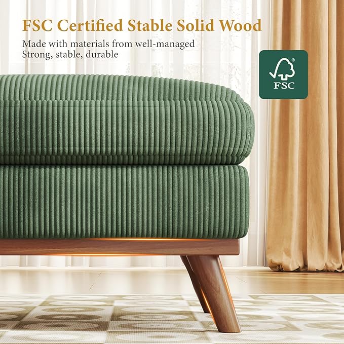 Vesgantti Large Ottoman for Modular Sofa 29.5 Corduroy Pouf Ottoman with Spring Cushion Rectangle Foot Rest for Couch Entrance Footstool with Wood Legs Footstool for Living Room Bedroom Green