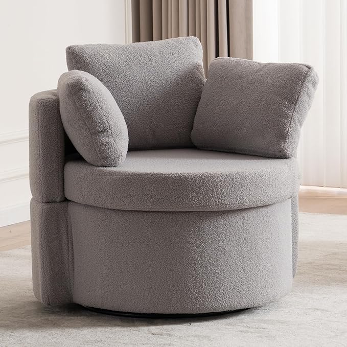 FOXHUNTER Swivel Barrel Chair 360 Degree Swivel Round Storage Chair with 3 Pillows Oversize Teddy Swivel Accent Chair Comfy Single Sofa Chair for Nursery Living Room Bedroom (Light Gray)