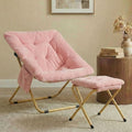 TLSUNNY Comfy Saucer Chair Foldable Lounge Lazy Chair with Ottoman Soft Faux Fur Reading Chair and Footstool for Teens Adults Metal Frame Moon Chair for Living Room Bedroom Dorms X-Large (Pink)