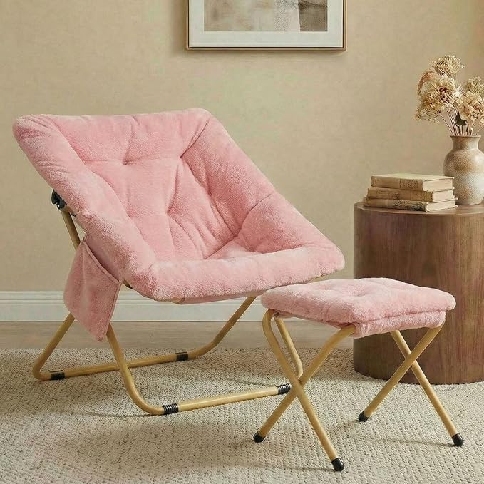 TLSUNNY Comfy Saucer Chair Foldable Lounge Lazy Chair with Ottoman Soft Faux Fur Reading Chair and Footstool for Teens Adults Metal Frame Moon Chair for Living Room Bedroom Dorms X-Large (Pink)