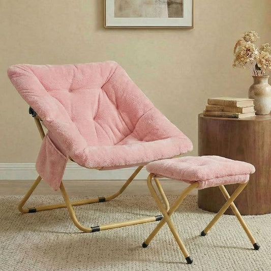 TLSUNNY Comfy Saucer Chair Foldable Lounge Lazy Chair with Ottoman Soft Faux Fur Reading Chair and Footstool for Teens Adults Metal Frame Moon Chair for Living Room Bedroom Dorms X-Large (Pink)