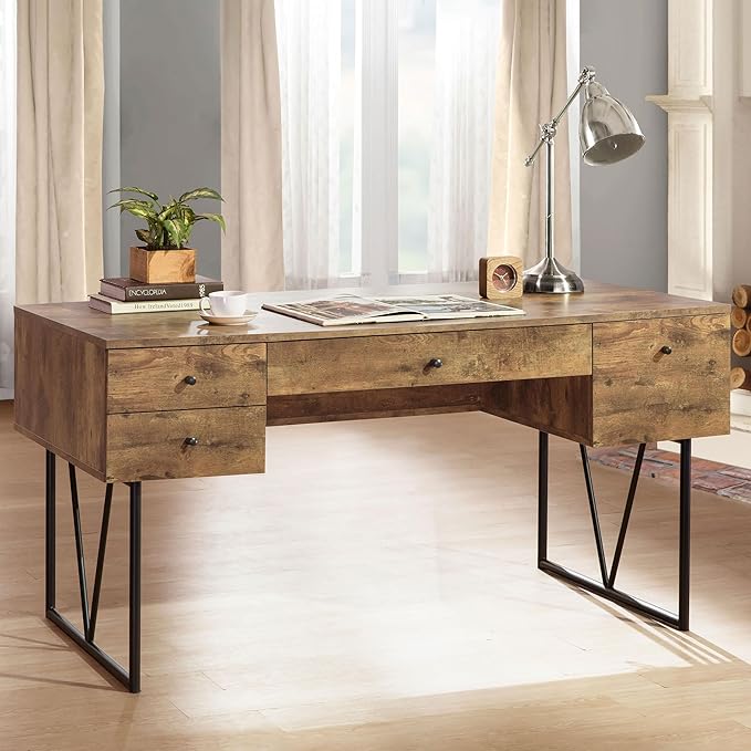 BOWERY HILL Farmhouse Wood Writing Desk 63 W Antique Nutmeg Finish Black Metal Base 4 Drawers with Full Extension Glides Rustic Industrial Office Desk for Home Workspace or Study