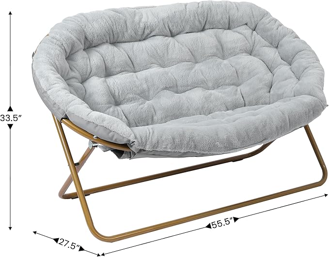 BizChair 56 Portable Folding Double Saucer Chair in Gray Faux Fur with a Soft Gold Steel Frame for Dorm Living Room or Bedroom