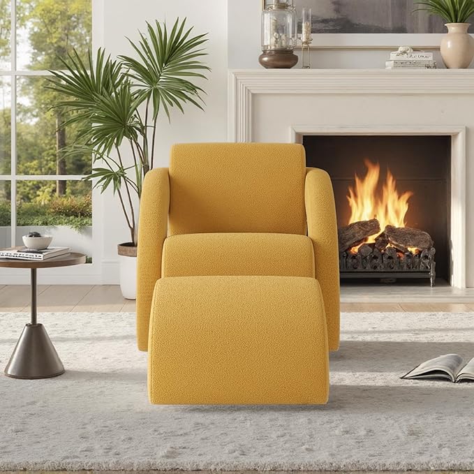 Soohow Upholstered Armchair with Ottoman – Plush Bouclé Fabric Curved Seat &amp Sled-Base Lounge Chair for Living Room Bedroom Study
