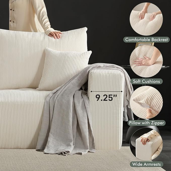 113 Modular Sectional Couch Cloud Boneless Sofa with Deep Seats Upholstered Corduroy Sofa Bed with Loung Chaise 3-Seater Couches for Living Room No Assembly Required Beige