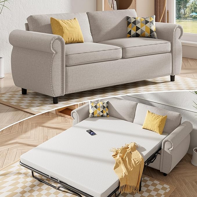 CECER Full Size Pull Out Sofa Bed 2 in 1 Sleeper Sofa Convertible Couch Bed with Foldable Mattress Pull Out Couch Bed with Upholstered Nailhead for Living Room Apartment Office-Beige