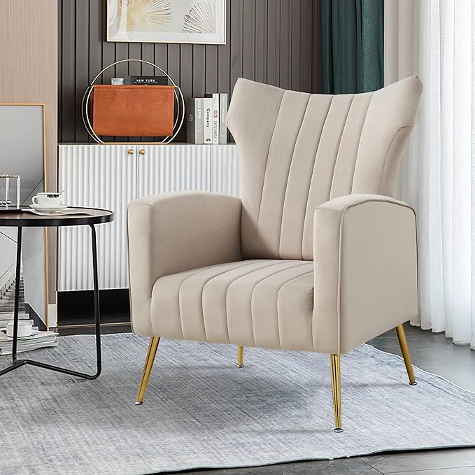 Generic Modern Velvet Accent Chair with Arms Wingback Reading Chair with Gold Metal Legs Comfy Upholstered Single Leisure Sofa for Living Room Bedroom ClubVelvetGrey