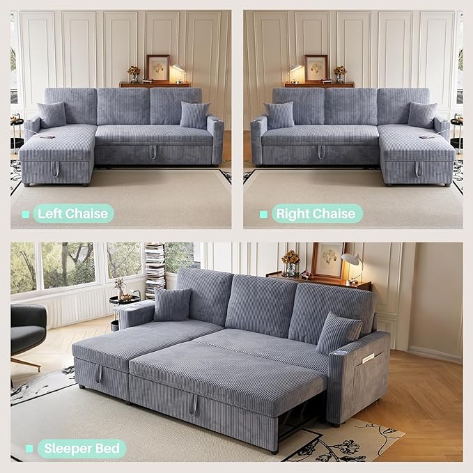 83 Sleeper Sectional Sofa Comfy Convertible Sofa Bed with Pull Out Couches Small Desktop Corduroy L Shaped Couch with Reversible Storage Chaise &amp USB for Living Room Apartment Grey