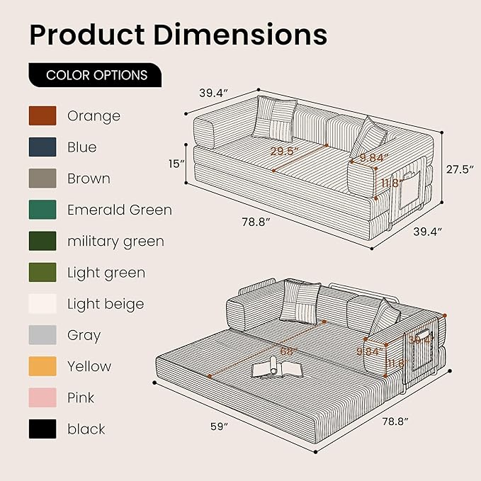 Belhome 78.8 Convertible Sofa Bed Futon Sofa Bed with Side Pocket Corduroy Pull Out Futon Sofa Boneless Couch for Living RoomsNo Assembly Required Yellow
