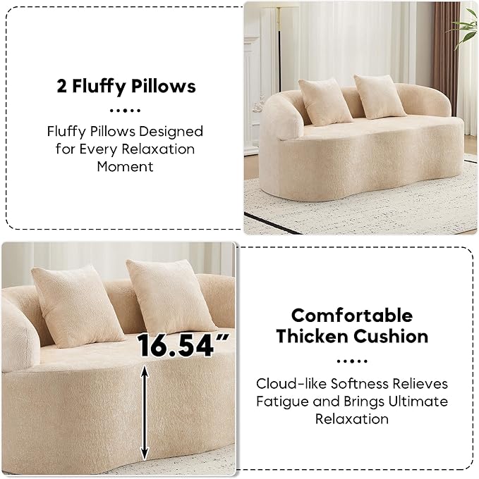 Loveseat Sectional Boneless Sofa for Living Room 67 Chenille Fabric Sofa Deep Seat Curved Cloud Floor Couch with 2 Throw Pillows for Small Spaces Beige
