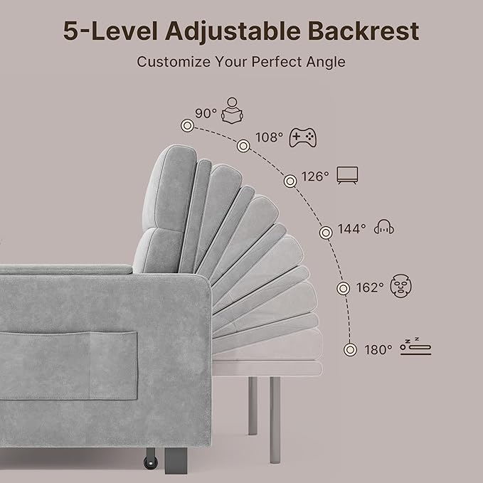Gizoon Convertible Sofa Bed 3-in-1 Pull Out Couch 5-Position Adjustable Backrest &amp Side Pockets Modern Small Loveseat Sleeper Sofa for Living Room Apartment Dorm Studio Guest Room Light Gr