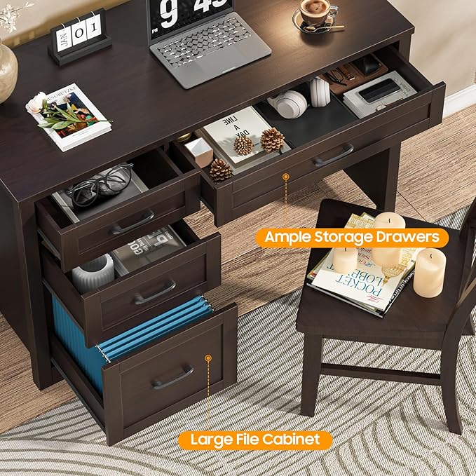Vabches Farmhouse 47 Executive Desk with File Drawer Wood Computer Desk with 3 Storage Drawers Workstation for Home Office Writing StudyEspresso